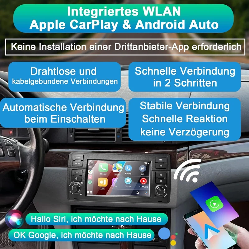 Autoradio für BMW E46 3 Serie 1999-2004 Kompatibel Wireless Carplay & Android Auto, 7 Zoll Touchscre