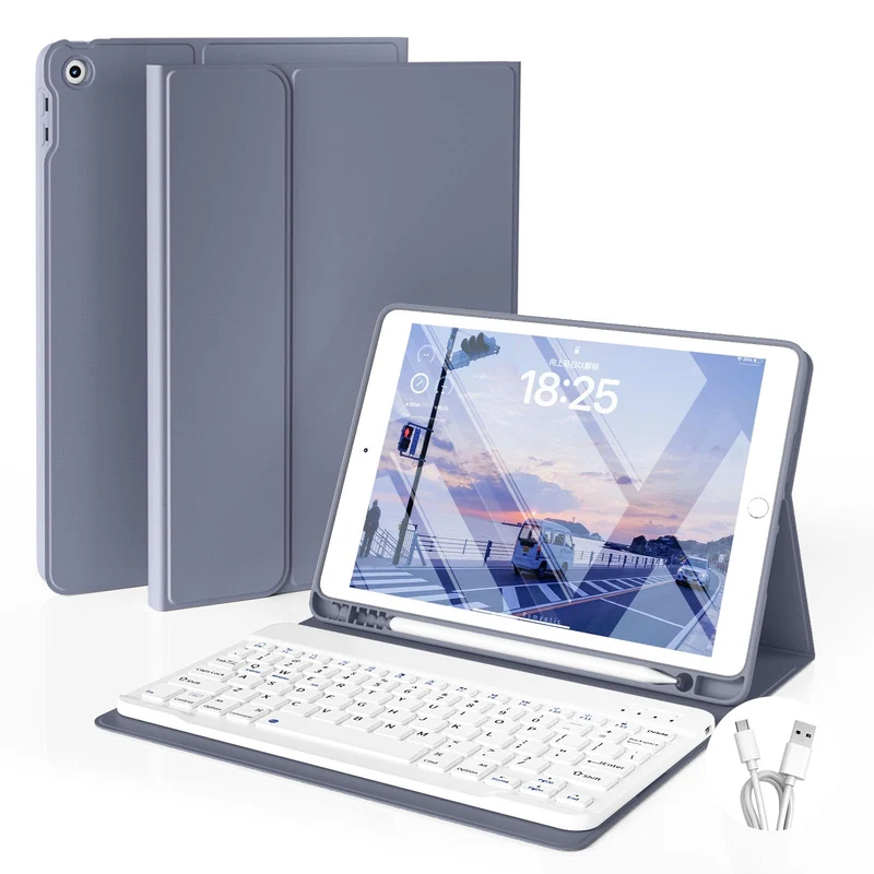 JKSML Hülle mit Tastatur für iPad 9./ 8./ 7. Generation (2021/2020/ 2019) Violett-Grau, Violett-Grau