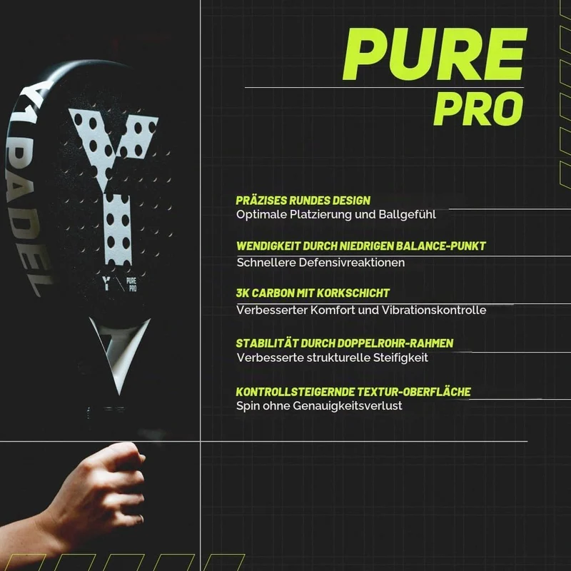 Y 1 Pure Pro Padelschläger für fortgeschrittene Spieler, runde Form