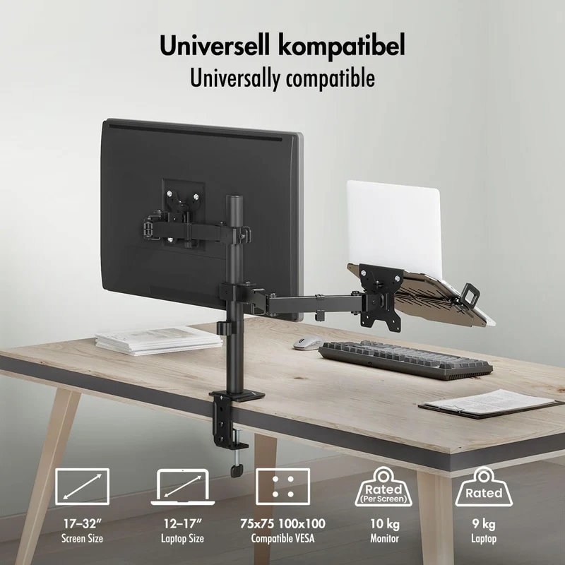 LogiLink Monitor und Notebook Tischhalterung für 1x 17–32" Bildschirm mit 10 kg max., 12-17" Noteboo