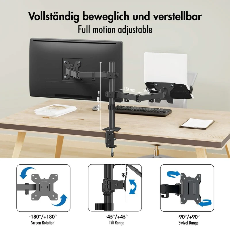 LogiLink Monitor und Notebook Tischhalterung für 1x 17–32" Bildschirm mit 10 kg max., 12-17" Noteboo