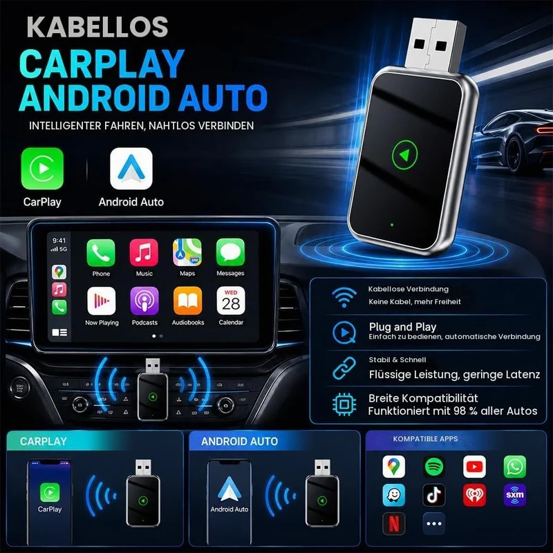 2026 Carplay Wireless Adapter, Android Auto Wireless Adapter, Car Play Adap-TER Auto mit USB und Typ