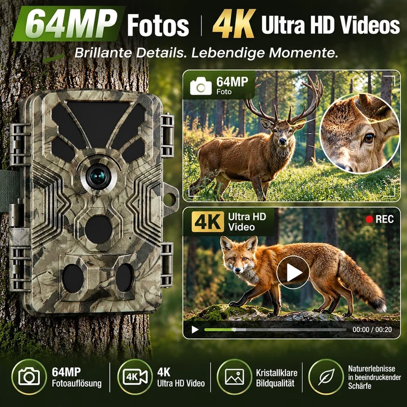 BlazeVideo Wildkamera 64MP 4K mit 0,1s Auslösezeit, 120° PIR-Erfassung, Nachtsicht, wetterfestes Geh