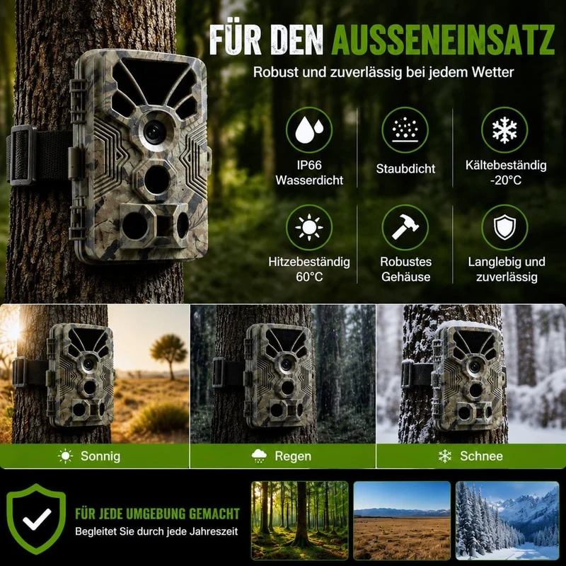 BlazeVideo Wildkamera 64MP 4K mit 0,1s Auslösezeit, 120° PIR-Erfassung, Nachtsicht, wetterfestes Geh