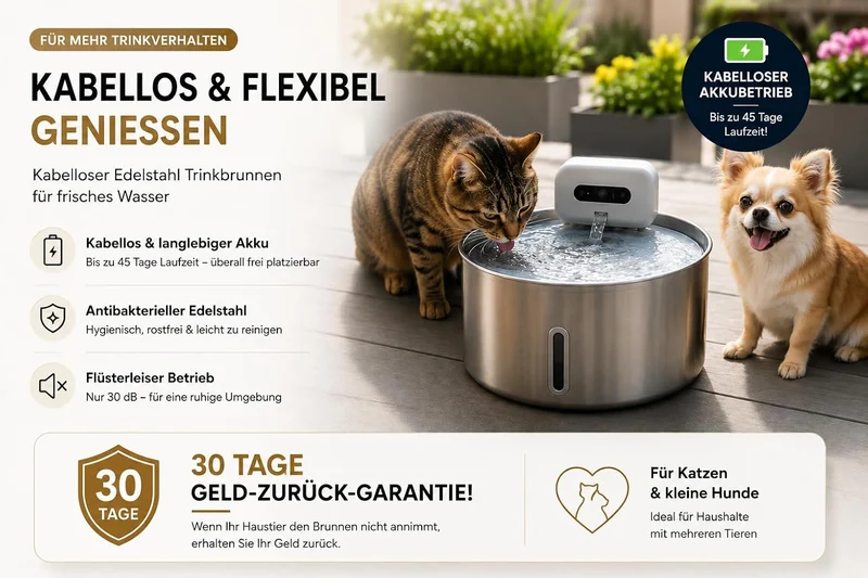 VitalFlow Pro Edelstahl Trinkbrunnen mit Akku für Katzen & Hunde