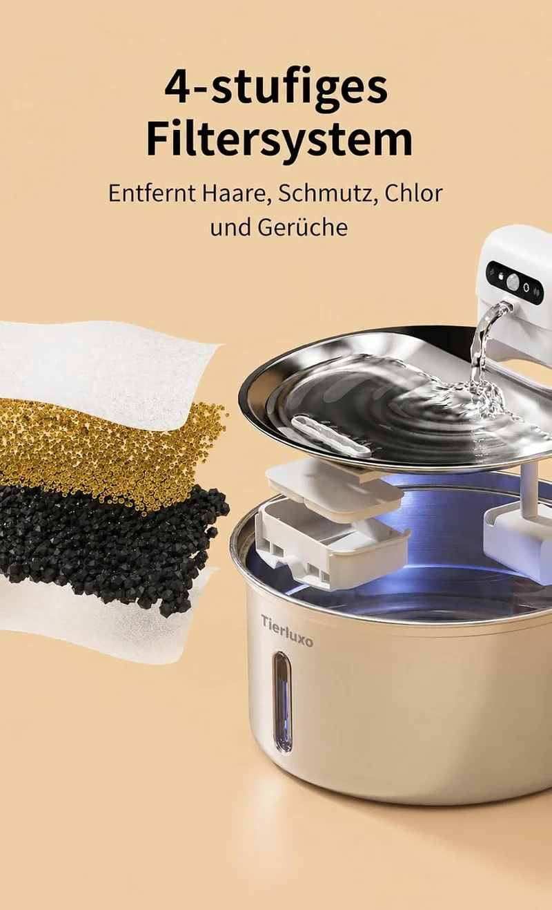 VitalFlow Pro Edelstahl Trinkbrunnen mit Akku für Katzen & Hunde