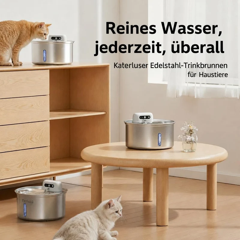 VitalFlow Pro Edelstahl Trinkbrunnen mit Akku für Katzen & Hunde