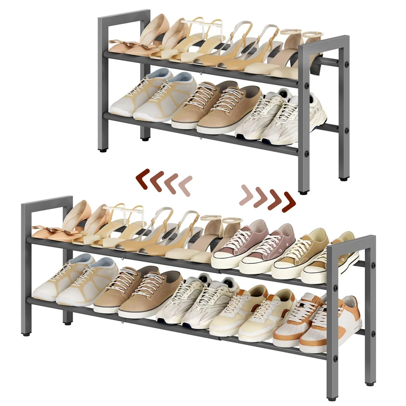 FAVOOSTY 2 Ebenen Schuhregal Metall Ausziehbares Grau, Verstellbar Platzsparend, Shoes Rack, Robuste