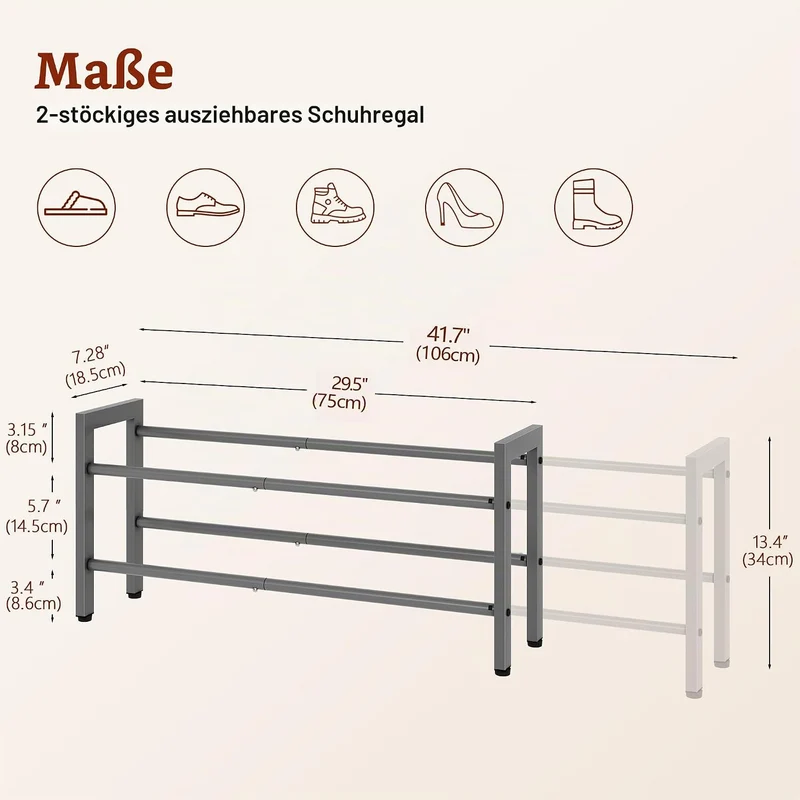FAVOOSTY 2 Ebenen Schuhregal Metall Ausziehbares Grau, Verstellbar Platzsparend, Shoes Rack, Robuste