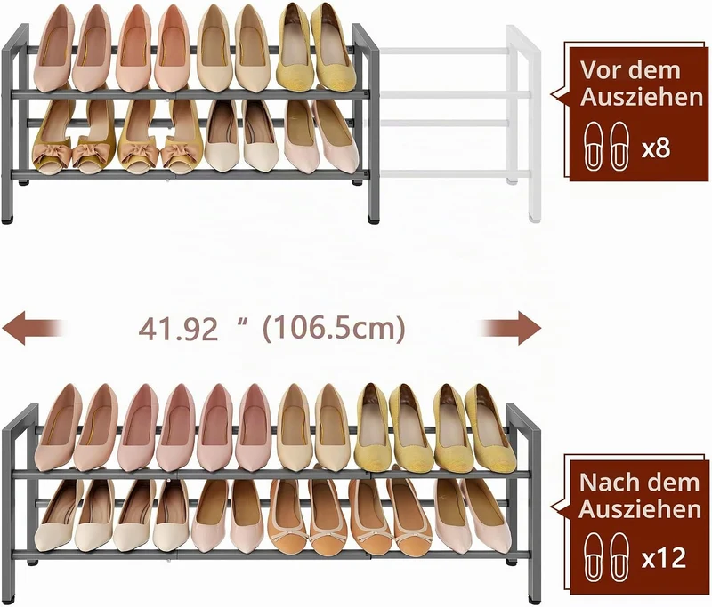 FAVOOSTY 2 Ebenen Schuhregal Metall Ausziehbares Grau, Verstellbar Platzsparend, Shoes Rack, Robuste