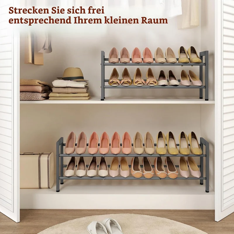 FAVOOSTY 2 Ebenen Schuhregal Metall Ausziehbares Grau, Verstellbar Platzsparend, Shoes Rack, Robuste