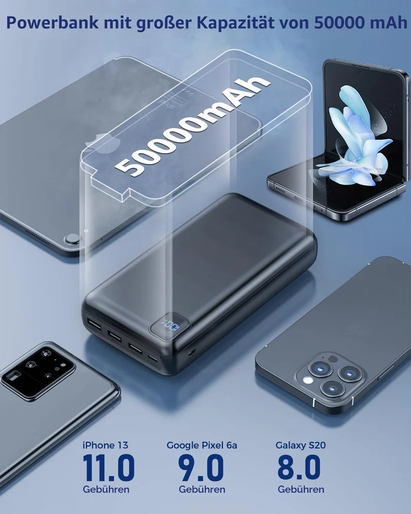 Powerbank 50000mAh, USB C Tragbares Ladegerät mit 22,5W Schnellladung Schwarz-P500, Schwarz-P500