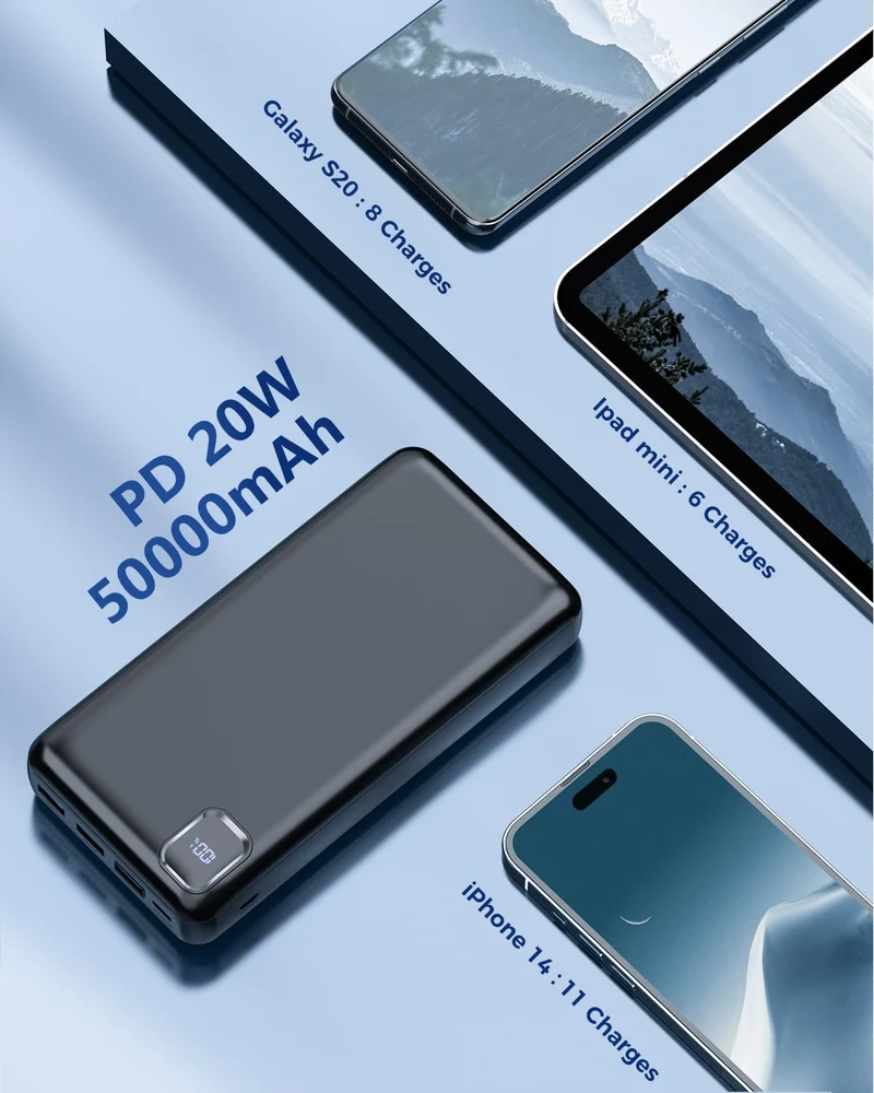 Powerbank 50000mAh, USB C Tragbares Ladegerät mit 22,5W Schnellladung Schwarz-P500, Schwarz-P500
