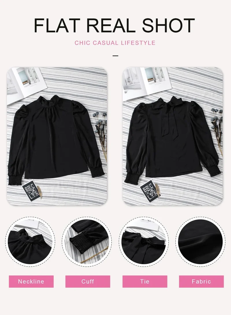 Dokotoo Damen Bluse Elegant Business Chiffonbluse Einfarbig Stehkragen Puffärmel Oberteil Tops S-XXL