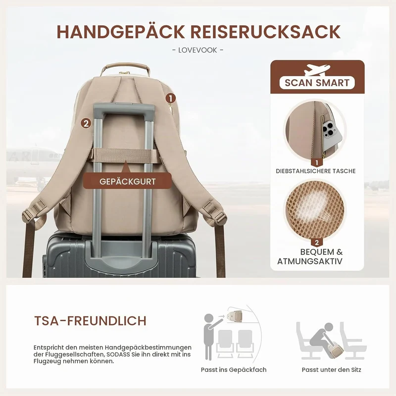LOVEVOOK Rucksack Damen,17.3 Zoll Laptop Schulrucksack Teenager mit grossem Fach für Trinkflaschen,T