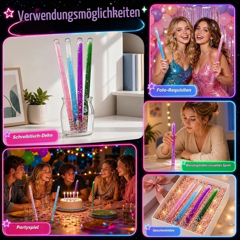 4 Stück Jumbo Spiral Glitzerstab 30 cm, Fluoreszierender Zauberstab mit Flüssigkeit und Glitzer, Dek