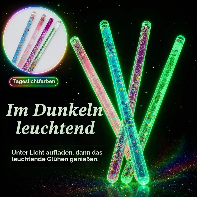 4 Stück Jumbo Spiral Glitzerstab 30 cm, Fluoreszierender Zauberstab mit Flüssigkeit und Glitzer, Dek