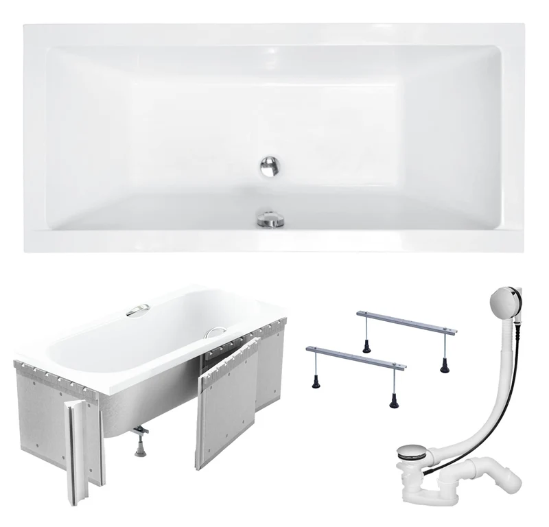 KOLMAN Badewanne QUADRO Rechteck 175x80 mit Styroporverkleidung, Ablaufgarnitur und Füssen Kompletts