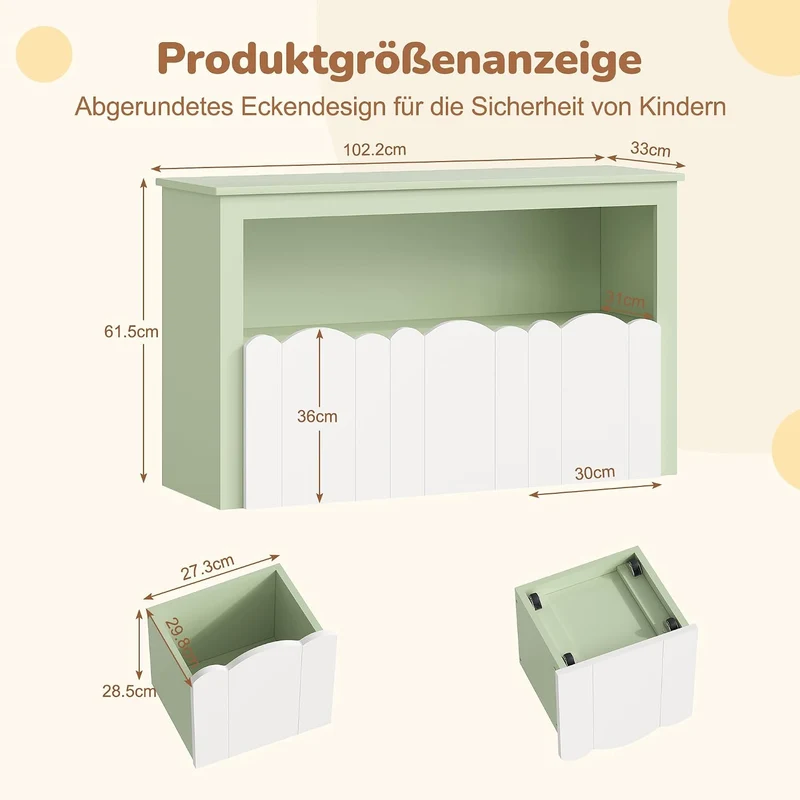 YOUDENOVA Kinderregal mit 3 Boxen & Rollen, 102,2x33x61,5 cm Premium Spielzeugaufbewahrung und Büche