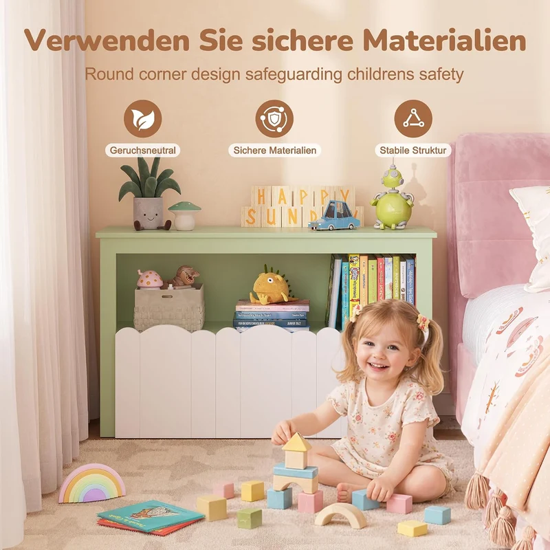 YOUDENOVA Kinderregal mit 3 Boxen & Rollen, 102,2x33x61,5 cm Premium Spielzeugaufbewahrung und Büche