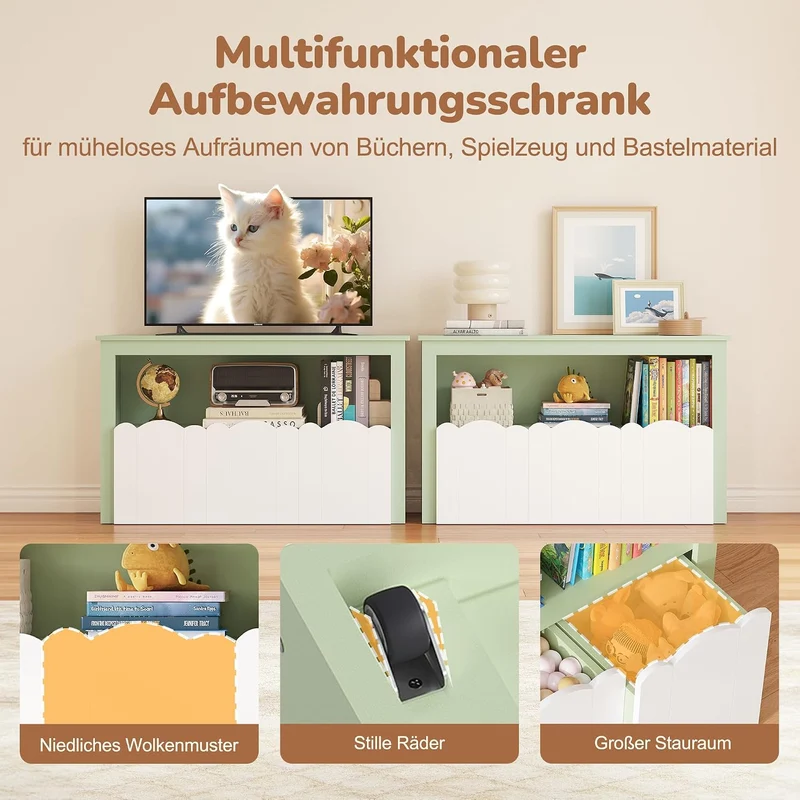 YOUDENOVA Kinderregal mit 3 Boxen & Rollen, 102,2x33x61,5 cm Premium Spielzeugaufbewahrung und Büche