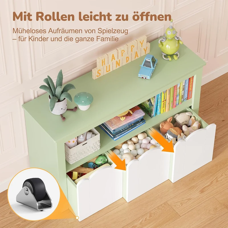 YOUDENOVA Kinderregal mit 3 Boxen & Rollen, 102,2x33x61,5 cm Premium Spielzeugaufbewahrung und Büche