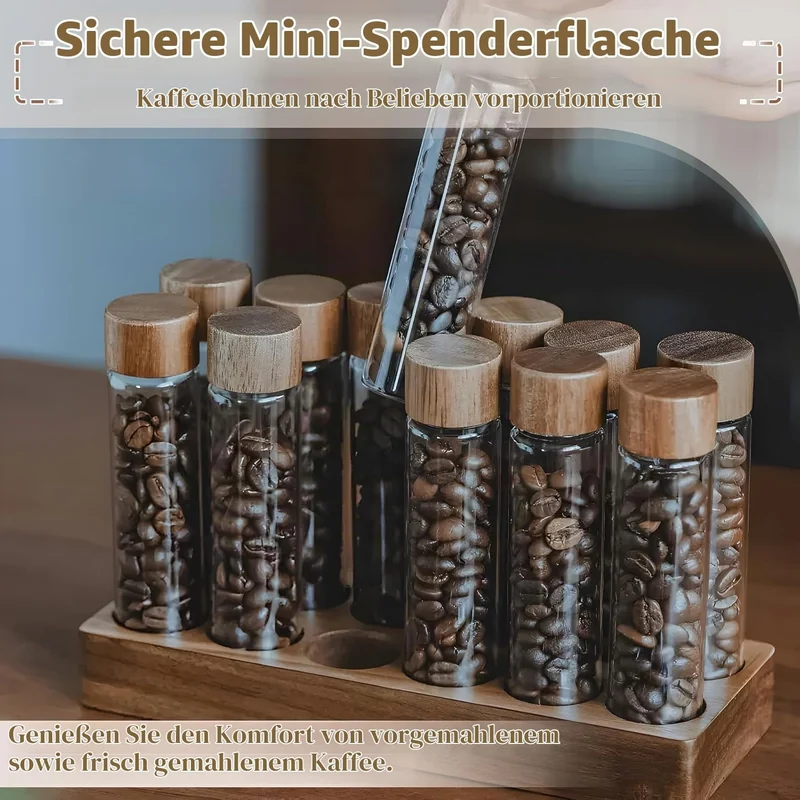 12 Stück Single Dose Kaffeebohnen Aufbewahrung mit Holz Halter, Aufbewahrung Röhrchen Set für Espres