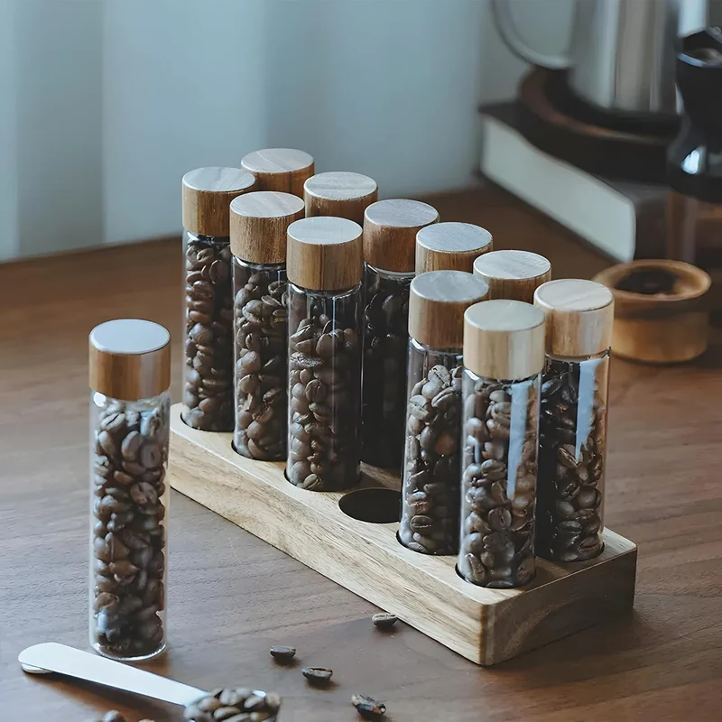 12 Stück Single Dose Kaffeebohnen Aufbewahrung mit Holz Halter, Aufbewahrung Röhrchen Set für Espres