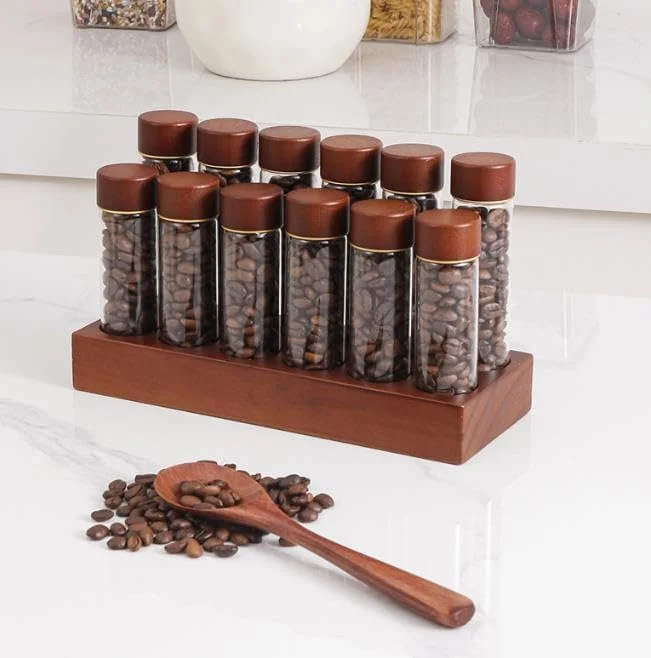 12 Stück Single Dose Kaffeebohnen Aufbewahrung mit Holz Halter, Aufbewahrung Röhrchen Set für Espres