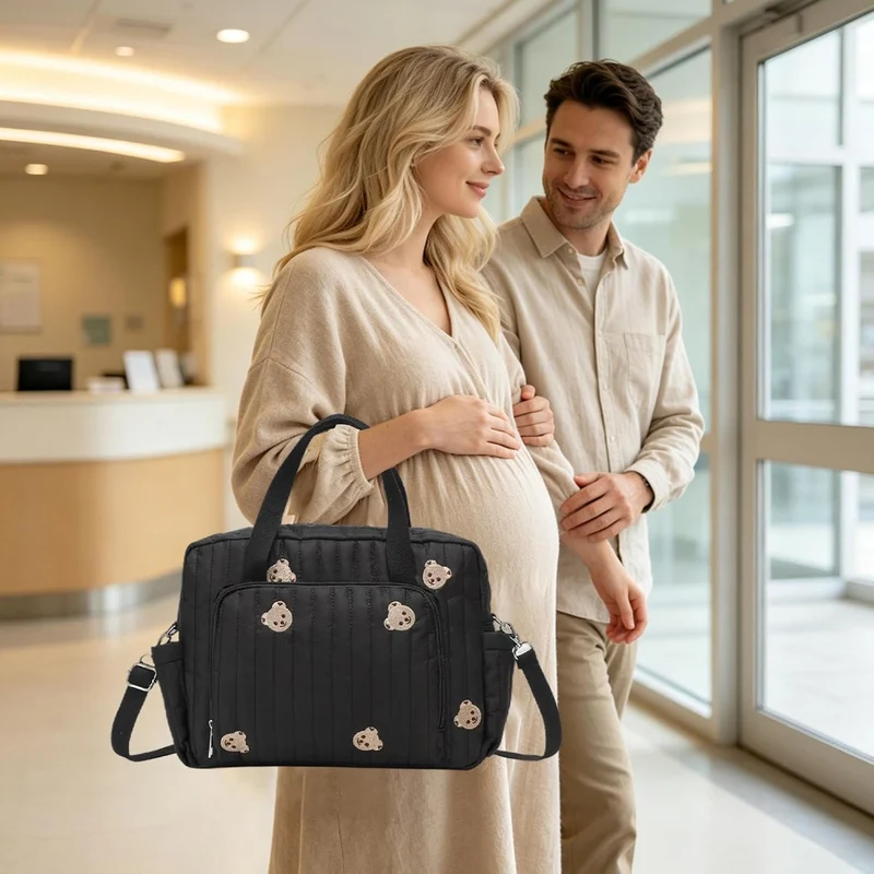 Wickeltasche Für Die Reise Niedliche Bärenstickerei Windelfächer-mit Schwarz, Schwarz