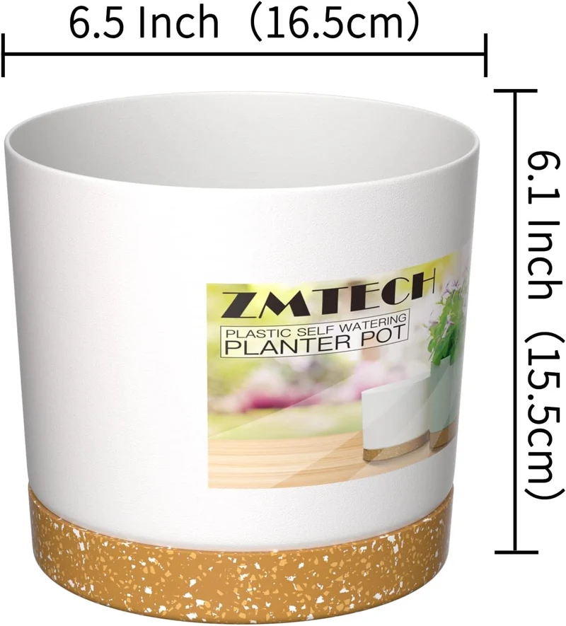 ZMTECH 16,5 cm Blumentöpfe, Selbstbewässernder Kunststoff-Übertopf mit Drainageloch und Untersetzer,