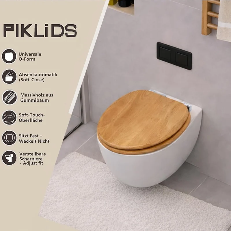 WC-Sitz aus Massivholz - Kautschukholz (Hevea) mit Absenkautomatik, Schnellverschluss & Easy-Clean,