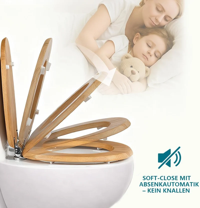 WC-Sitz aus Massivholz - Kautschukholz (Hevea) mit Absenkautomatik, Schnellverschluss & Easy-Clean,