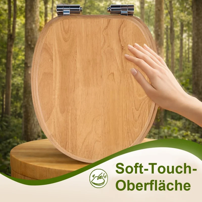 WC-Sitz aus Massivholz - Kautschukholz (Hevea) mit Absenkautomatik, Schnellverschluss & Easy-Clean,