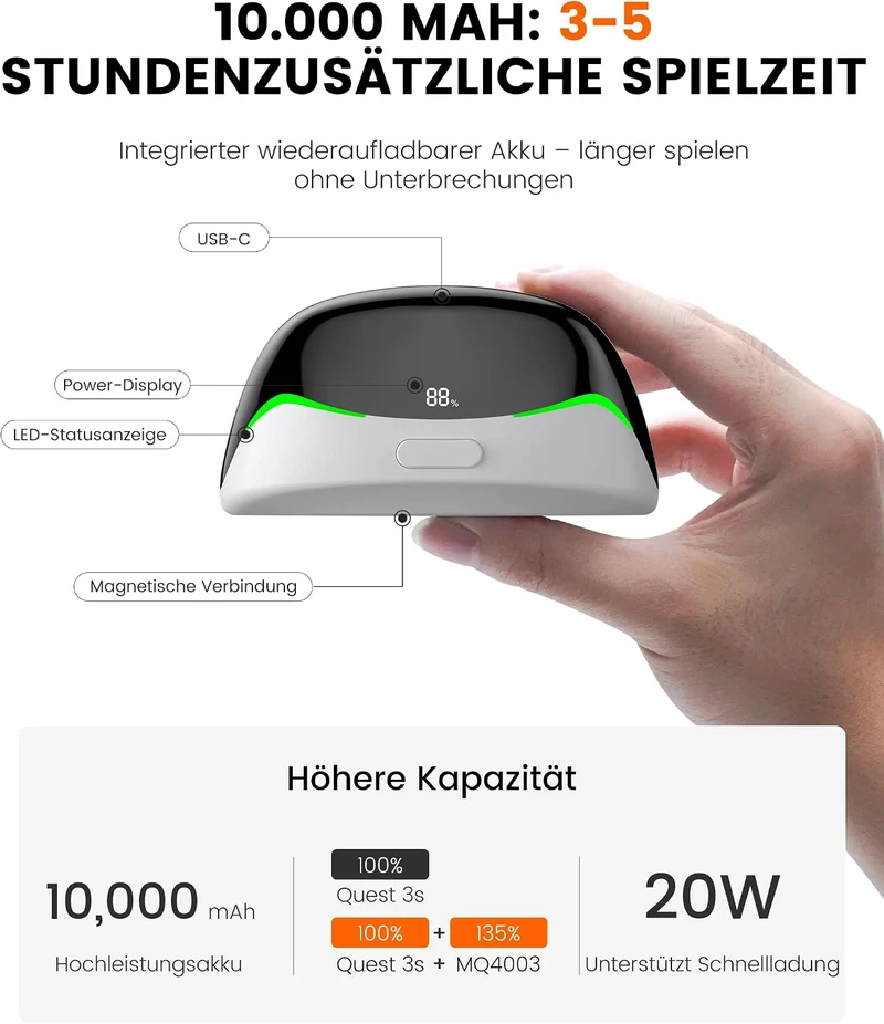 BEBONCOOL Headstrap für Meta Quest 3/3S/2 mit 10000 mAh Magnet Akku-Digitales Display,5H längere Spi