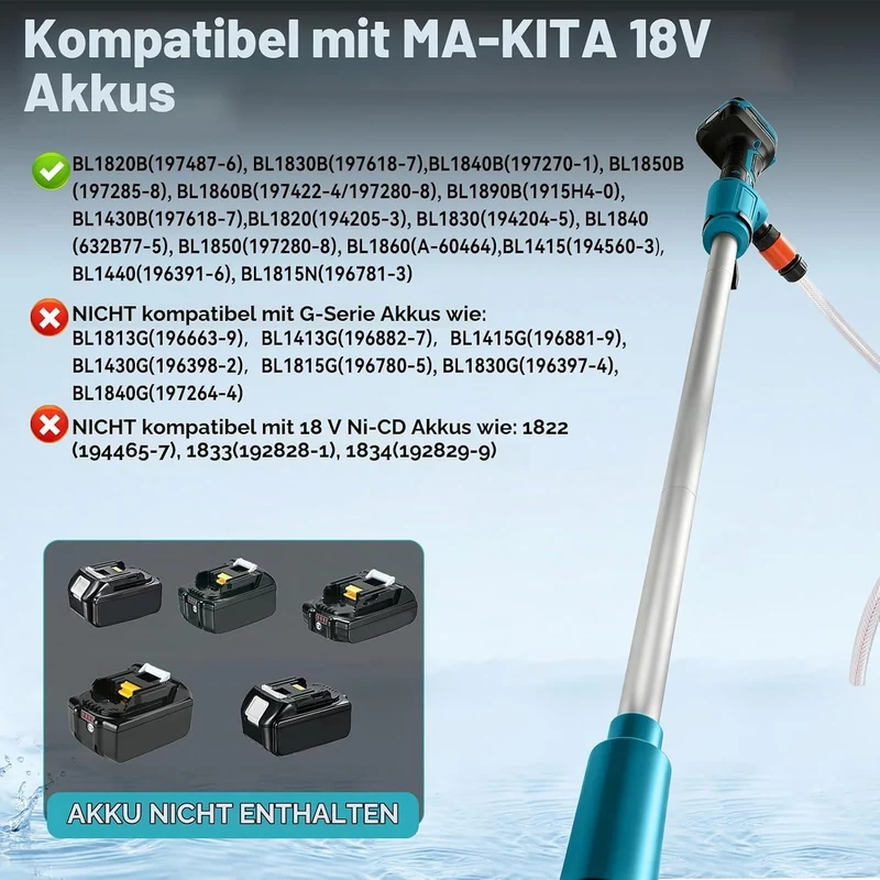Akku-Regenfasspumpe kompatibel mit Makita 18V, Förderleistung 2736 l/h, Kabellose Stab-Transferpumpe