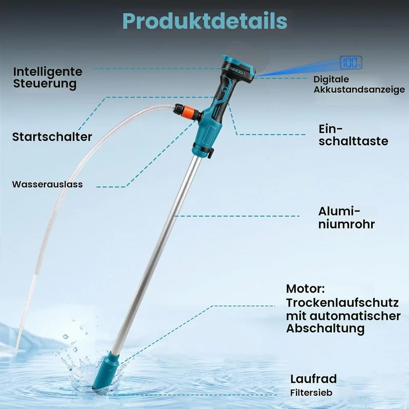 Akku-Regenfasspumpe kompatibel mit Makita 18V, Förderleistung 2736 l/h, Kabellose Stab-Transferpumpe