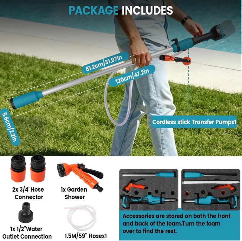 Akku-Regenfasspumpe kompatibel mit Makita 18V, Förderleistung 2736 l/h, Kabellose Stab-Transferpumpe