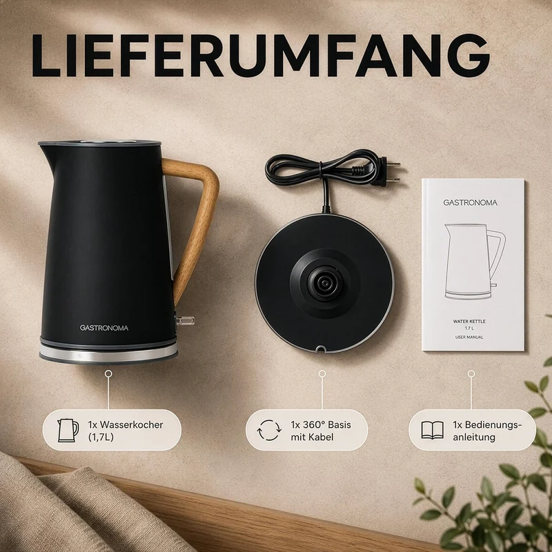 Gastronoma Wasserkocher Edelstahl 1,7 L - Kettle mit Kalkfilter - Schwarz | 2200 W - 360° Pirouetteb