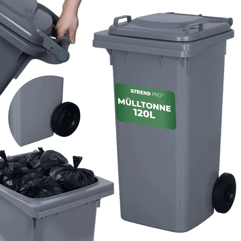 STREND PRO Mülltonne 120L Grau | Grosse Tonne für Restmüll & Haushalt | Mülleimer mit Deckel & Räder
