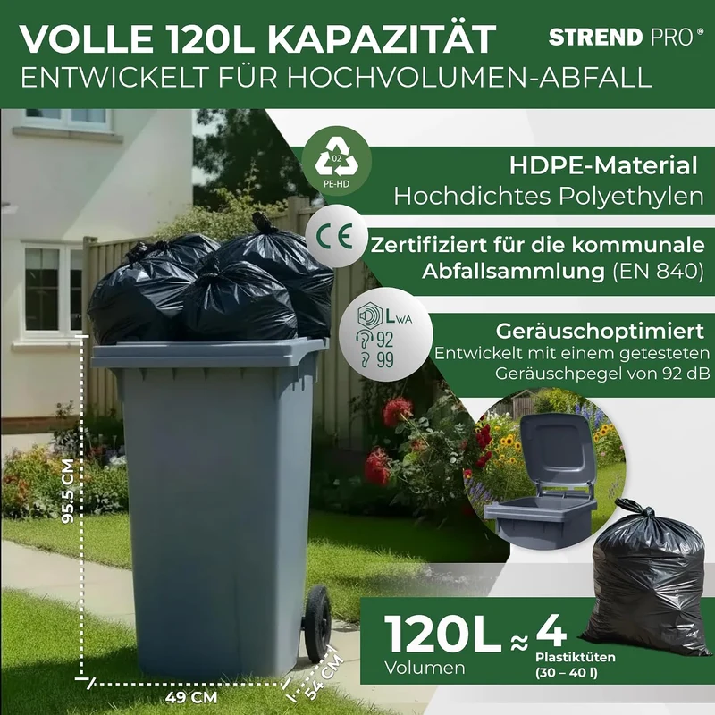 STREND PRO Mülltonne 120L Grau | Grosse Tonne für Restmüll & Haushalt | Mülleimer mit Deckel & Räder