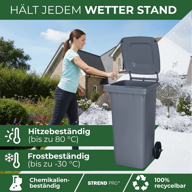 STREND PRO Mülltonne 120L Grau | Grosse Tonne für Restmüll & Haushalt | Mülleimer mit Deckel & Räder