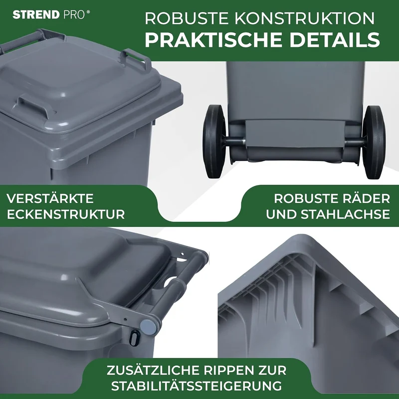 STREND PRO Mülltonne 120L Grau | Grosse Tonne für Restmüll & Haushalt | Mülleimer mit Deckel & Räder