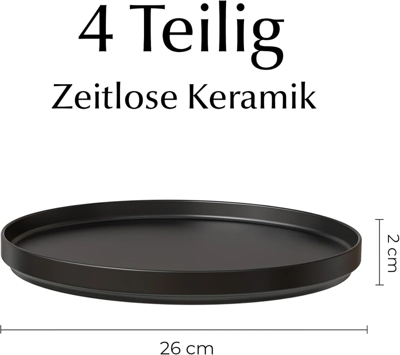 MIAMIO - Teller Set, 4er Set Speiseteller (26 cm) - Luxe (Schwarz) | Modernes Keramik Teller Set, Te