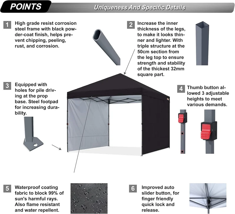ABCCANOPY Faltpavillon UV50+ mit 2 Seitenwänden, Schwarz 300 cm | 500D Polyester,wasserdicht, 4 Sand