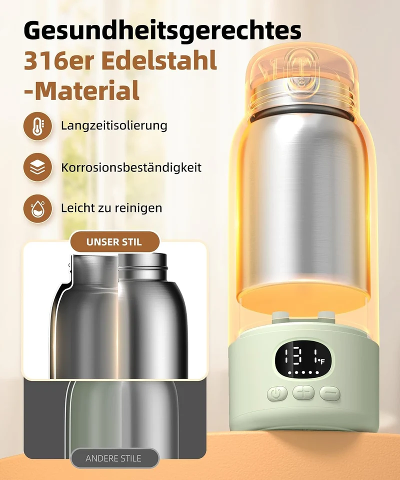 Flaschenwärmer Baby unterwegs Kabellos, Schneller Erwärmer 500 ml | Präzise Temperaturregelung, 316