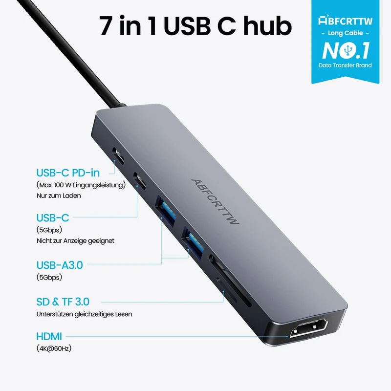 80CM USB C Hub mit HDMI 4K@60Hz, PD 100W Powered für MacBook Neo | 7-in-1 Docking Station USB C mit