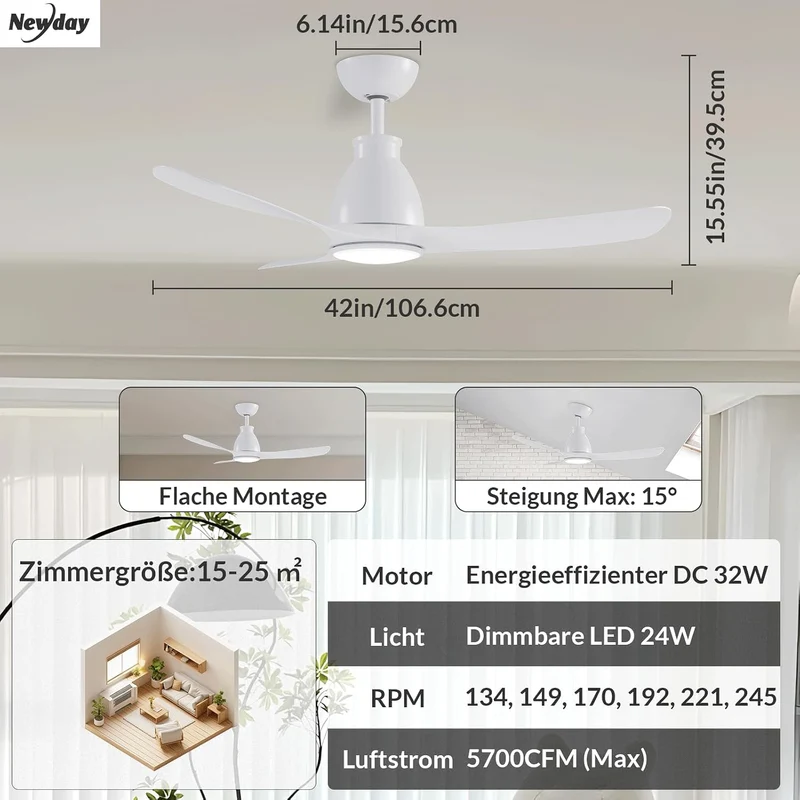 Newday 106cm Deckenventilatoren Weiss mit Beleuchtung Fernbedienung Leise | Ventilator Lampe Decke m