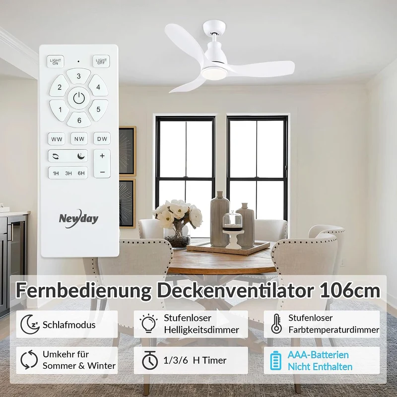 Newday 106cm Deckenventilatoren Weiss mit Beleuchtung Fernbedienung Leise | Ventilator Lampe Decke m