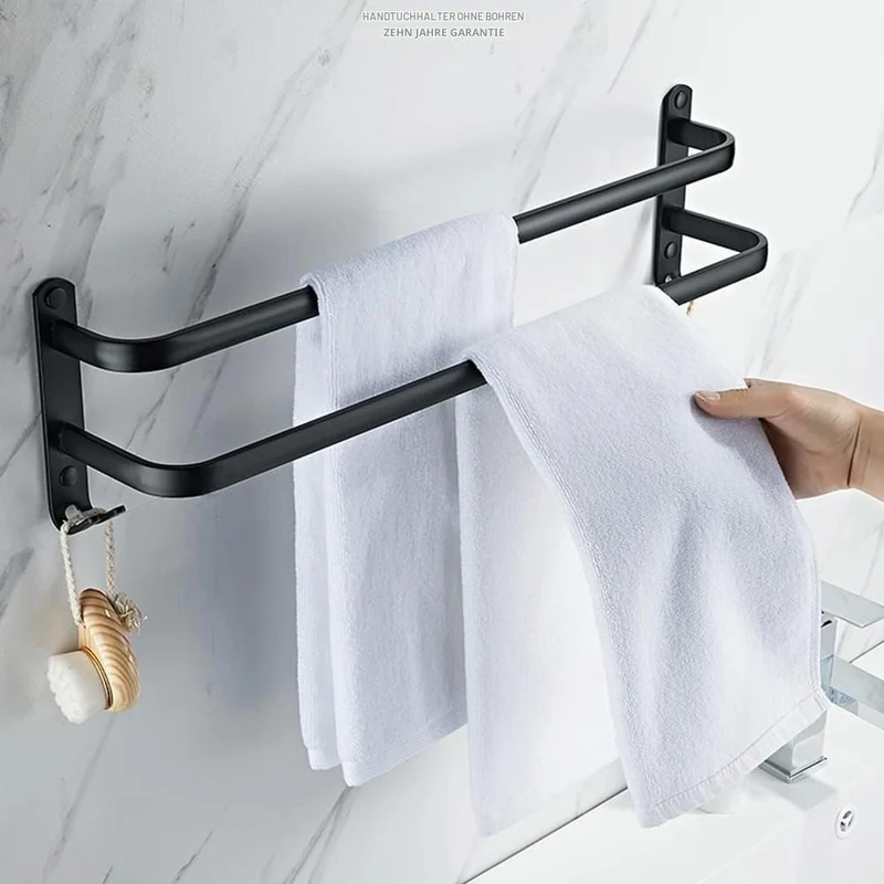 Badezimmer Handtuchhalter, Handtuchregal Schwarz Matt Handtuchstange mit Handtuchhaltern und Haken-D